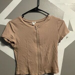 Garage Beige Zip-Up Crop Top